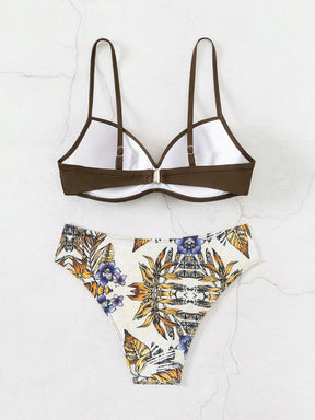Conjunto de Maiô Bikini feminino para o verão com top sem alças cruzado à frente e Bottom de Maiô Bikini imprimido com plantas tropicais, roupa de banho, impressão aleatória