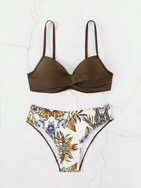 Conjunto de Maiô Bikini feminino para o verão com top sem alças cruzado à frente e Bottom de Maiô Bikini imprimido com plantas tropicais, roupa de banho, impressão aleatória