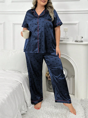 Conjunto de pijama Plus Size com gola em V, de manga curta e calça comprida em seda jacquard
