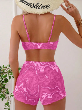 SHEIN Swim Conjunto de Maiô Bikini feminino com alças finas para o verão na Praia com Estampa de Redemoinho, impressionados aleatoriamente.