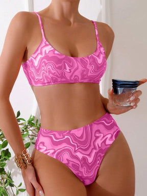 SHEIN Swim Conjunto de Maiô Bikini feminino com alças finas para o verão na Praia com Estampa de Redemoinho, impressionados aleatoriamente.
