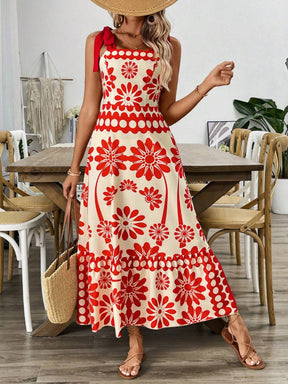Breezaya Vestido Longo com Estampa Floral, Amarração no Ombro, Cintura com Alças, Vestido Casual de Férias, Roupas de Praia para Mulheres