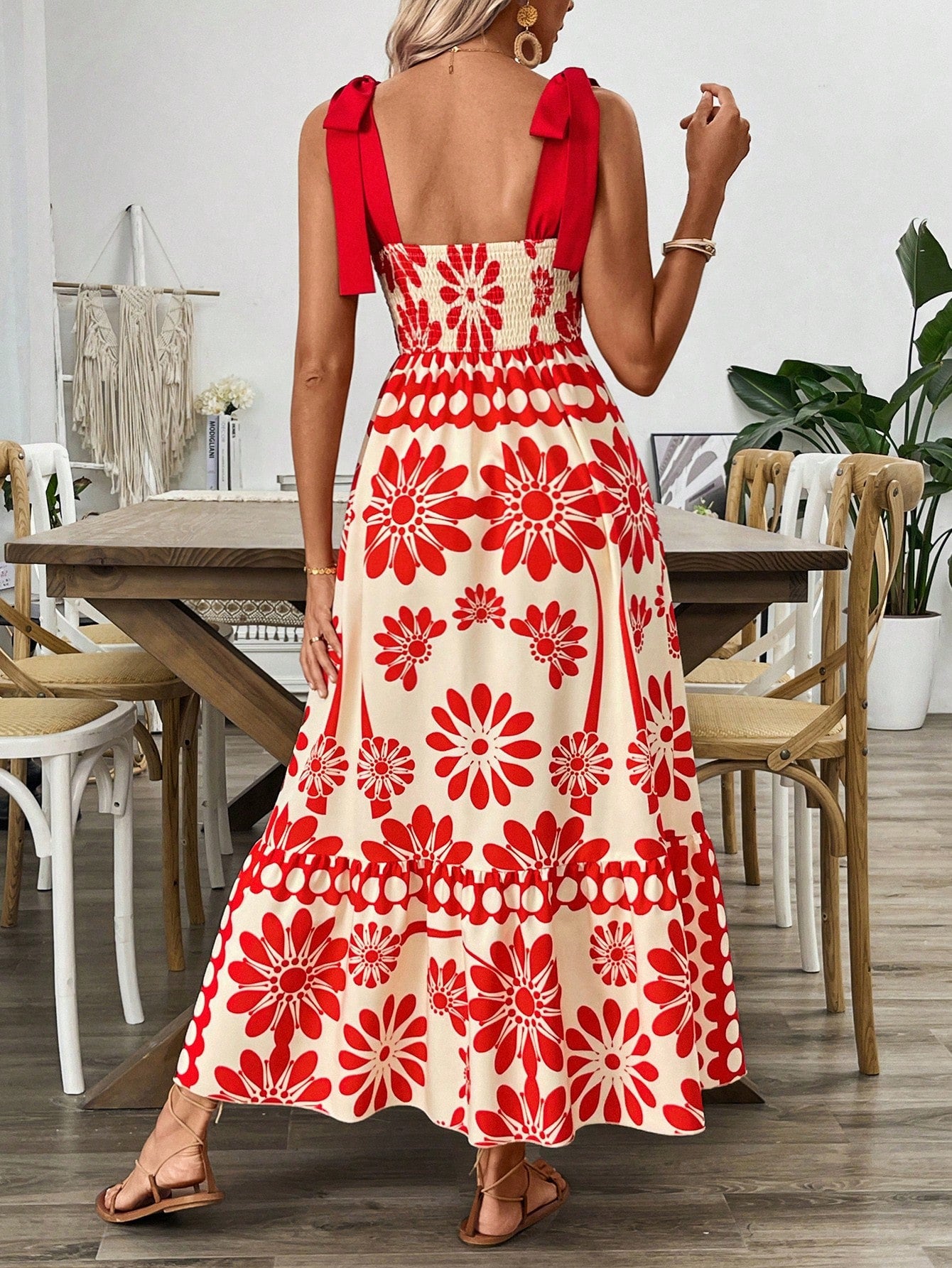 Breezaya Vestido Longo com Estampa Floral, Amarração no Ombro, Cintura com Alças, Vestido Casual de Férias, Roupas de Praia para Mulheres