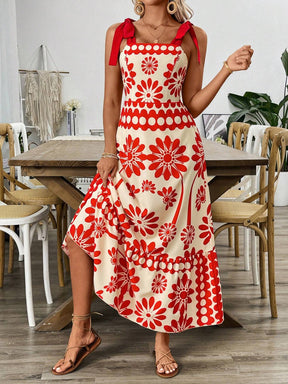 Breezaya Vestido Longo com Estampa Floral, Amarração no Ombro, Cintura com Alças, Vestido Casual de Férias, Roupas de Praia para Mulheres