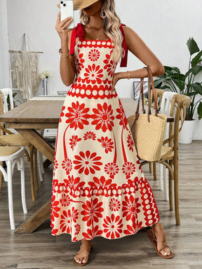 Breezaya Vestido Longo com Estampa Floral, Amarração no Ombro, Cintura com Alças, Vestido Casual de Férias, Roupas de Praia para Mulheres
