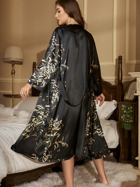 2 Peças Conjunto de Robe e Camisola Elegante Feminino com Estampa Floral de Folhas de Seda, Robe Longo Solto com Cinto e Vestido Curto com Alça Fina, Conjunto de Roupa de Dormir Casual e Confortável, Conjunto de Duas Peças