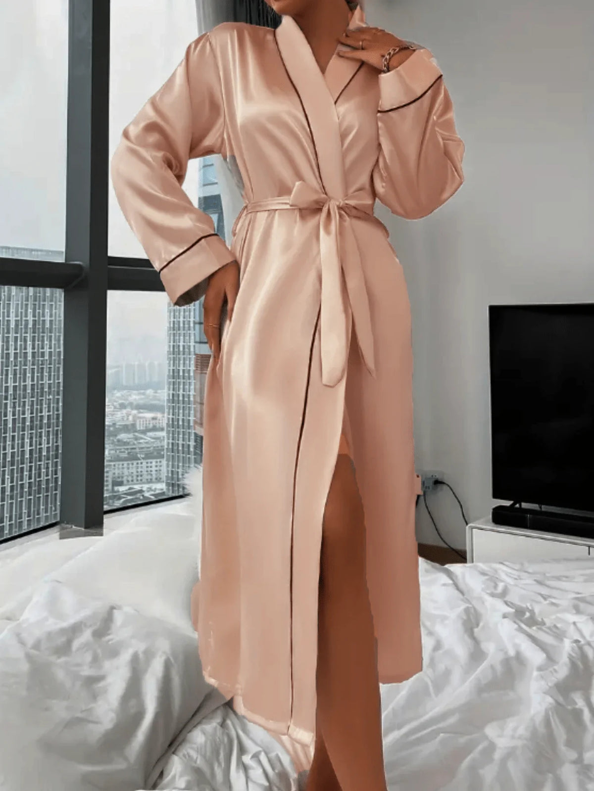 1 peça Roupão feminino elegante e luxuoso design com cinto decote em V
