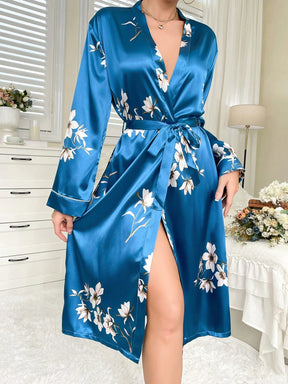 LuxeNights Ropão Impressão Floral com cinto Cetim