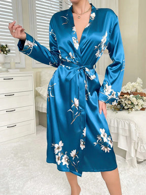 LuxeNights Ropão Impressão Floral com cinto Cetim