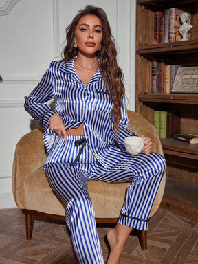CoupledUp Conjunto de Pijama/Pijama de Cetim com Botões e Listras