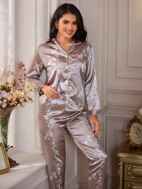 LuxeNights Conjunto de Pijama com Blusa de Cetim com Pesponto Contrastante e Estampa Floral e Calça
