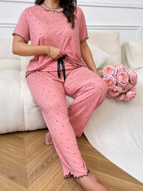 Conjunto de pijama com estampa de bolinhas, bainha de alface e laço, para mulheres em Plus Size