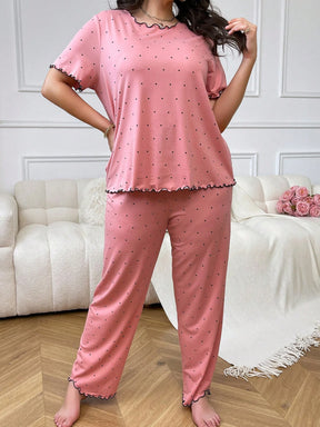 Conjunto de pijama com estampa de bolinhas, bainha de alface e laço, para mulheres em Plus Size