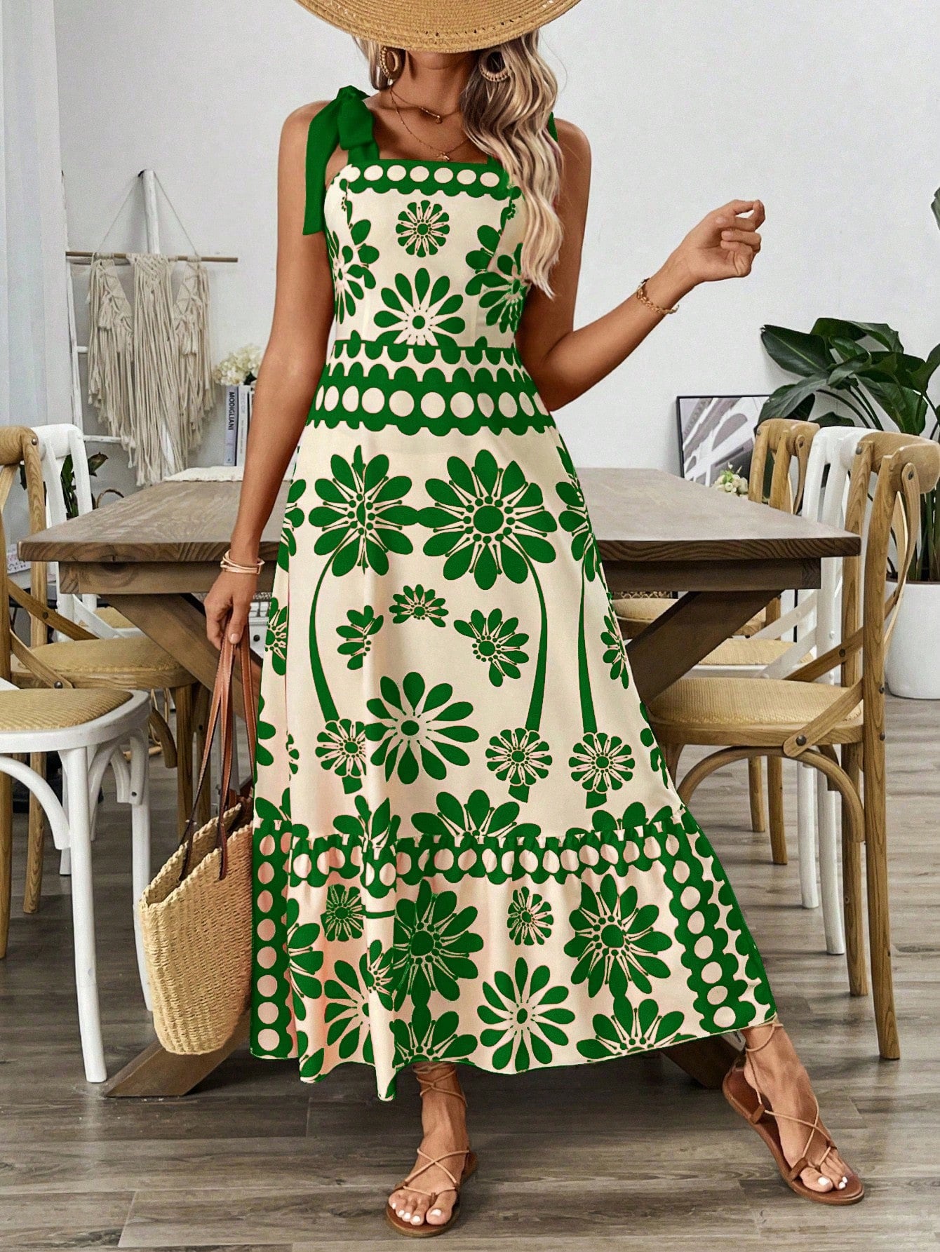 Breezaya Vestido Longo com Estampa Floral, Amarração no Ombro, Cintura com Alças, Vestido Casual de Férias, Roupas de Praia para Mulheres
