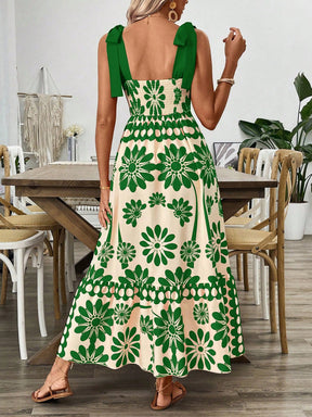Breezaya Vestido Longo com Estampa Floral, Amarração no Ombro, Cintura com Alças, Vestido Casual de Férias, Roupas de Praia para Mulheres