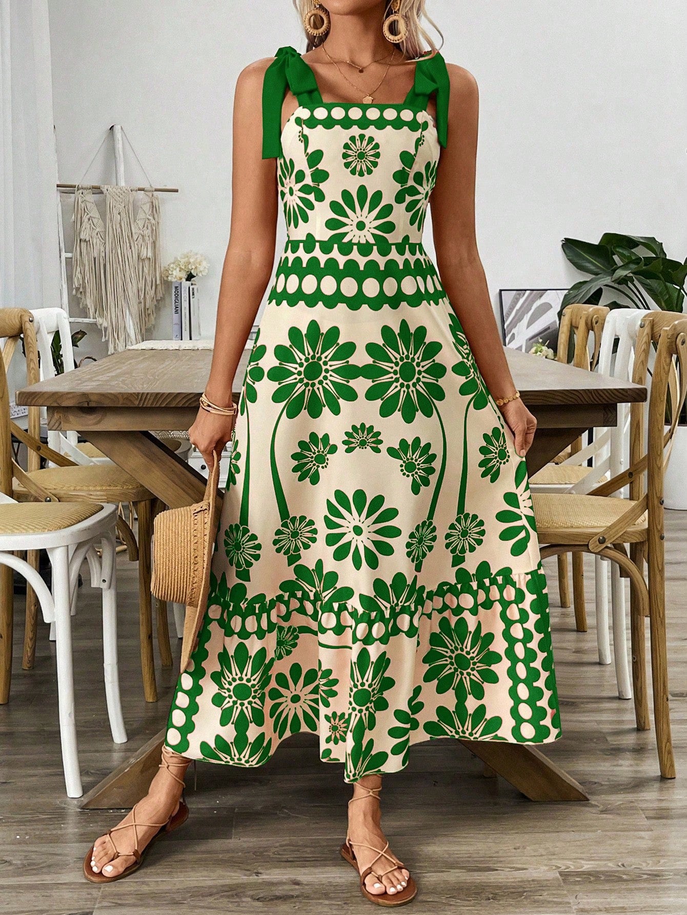 Breezaya Vestido Longo com Estampa Floral, Amarração no Ombro, Cintura com Alças, Vestido Casual de Férias, Roupas de Praia para Mulheres