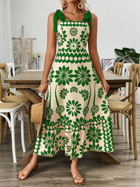 Breezaya Vestido Longo com Estampa Floral, Amarração no Ombro, Cintura com Alças, Vestido Casual de Férias, Roupas de Praia para Mulheres