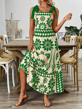 Breezaya Vestido Longo com Estampa Floral, Amarração no Ombro, Cintura com Alças, Vestido Casual de Férias, Roupas de Praia para Mulheres