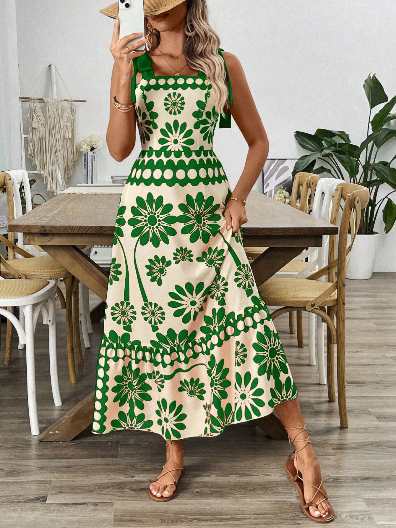 Breezaya Vestido Longo com Estampa Floral, Amarração no Ombro, Cintura com Alças, Vestido Casual de Férias, Roupas de Praia para Mulheres