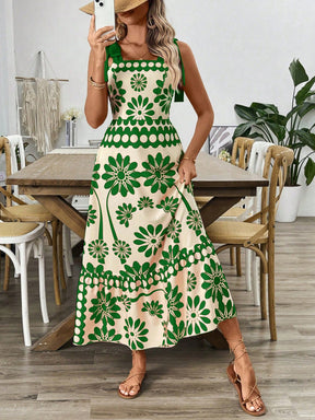 Breezaya Vestido Longo com Estampa Floral, Amarração no Ombro, Cintura com Alças, Vestido Casual de Férias, Roupas de Praia para Mulheres