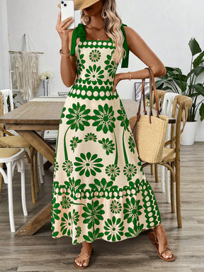 Breezaya Vestido Longo com Estampa Floral, Amarração no Ombro, Cintura com Alças, Vestido Casual de Férias, Roupas de Praia para Mulheres