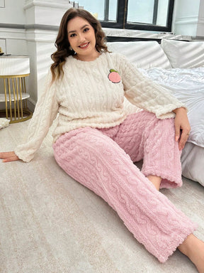 2 peças Conjunto Casual Plus Size Quente com Parte Superior Bordada em Cor de Damasco Forrada de Pelúcia e Calça Rosa