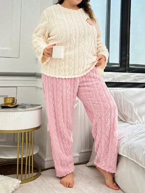 2 peças Conjunto Casual Plus Size Quente com Parte Superior Bordada em Cor de Damasco Forrada de Pelúcia e Calça Rosa