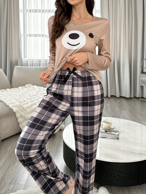 Conjunto Casual de Pijama com Top de Manga Longa com Estampa de Expressão Animal e Calça Xadrez para Mulheres
