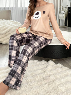 Conjunto Casual de Pijama com Top de Manga Longa com Estampa de Expressão Animal e Calça Xadrez para Mulheres