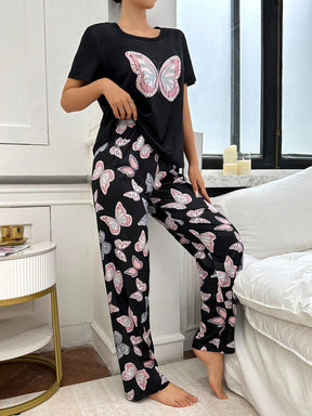 Conjunto de Pijama com Estampa de Borboleta de Manga Curta e Calça Longa Fashionable para Mulheres