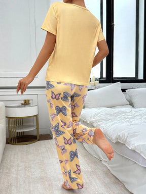 Conjunto de Pijama com Estampa de Borboleta de Manga Curta e Calça Longa Fashionable para Mulheres