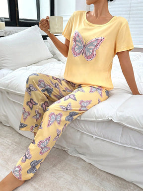 Conjunto de Pijama com Estampa de Borboleta de Manga Curta e Calça Longa Fashionable para Mulheres