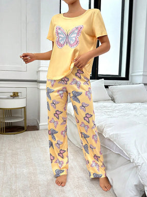 Conjunto de Pijama com Estampa de Borboleta de Manga Curta e Calça Longa Fashionable para Mulheres