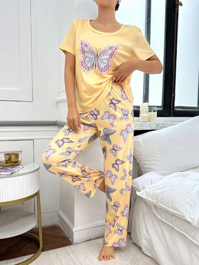 Conjunto de Pijama com Estampa de Borboleta de Manga Curta e Calça Longa Fashionable para Mulheres
