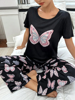 Conjunto de Pijama com Estampa de Borboleta de Manga Curta e Calça Longa Fashionable para Mulheres