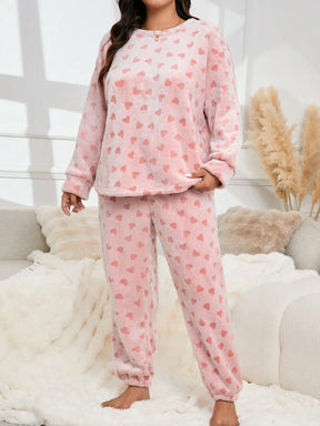 Pijama Conjunto de Top de Manga Longa Gola Careca Quente e Macia em Forma de Coração e Calça Plus Size Casual
