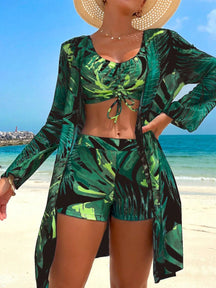 Swim Lushoire Conjunto de Maiô Bikini Sexy com Cordão na Frente e Roupão Floral Tropical de Verão para Mulheres