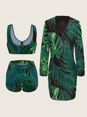 Swim Lushoire Conjunto de Maiô Bikini Sexy com Cordão na Frente e Roupão Floral Tropical de Verão para Mulheres