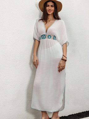 Swim Vcay Vestidos de Praia para Mulheres, Vestido com Manga Morcego, Recortes em Crochê e Acabamento Contrastante, Verão