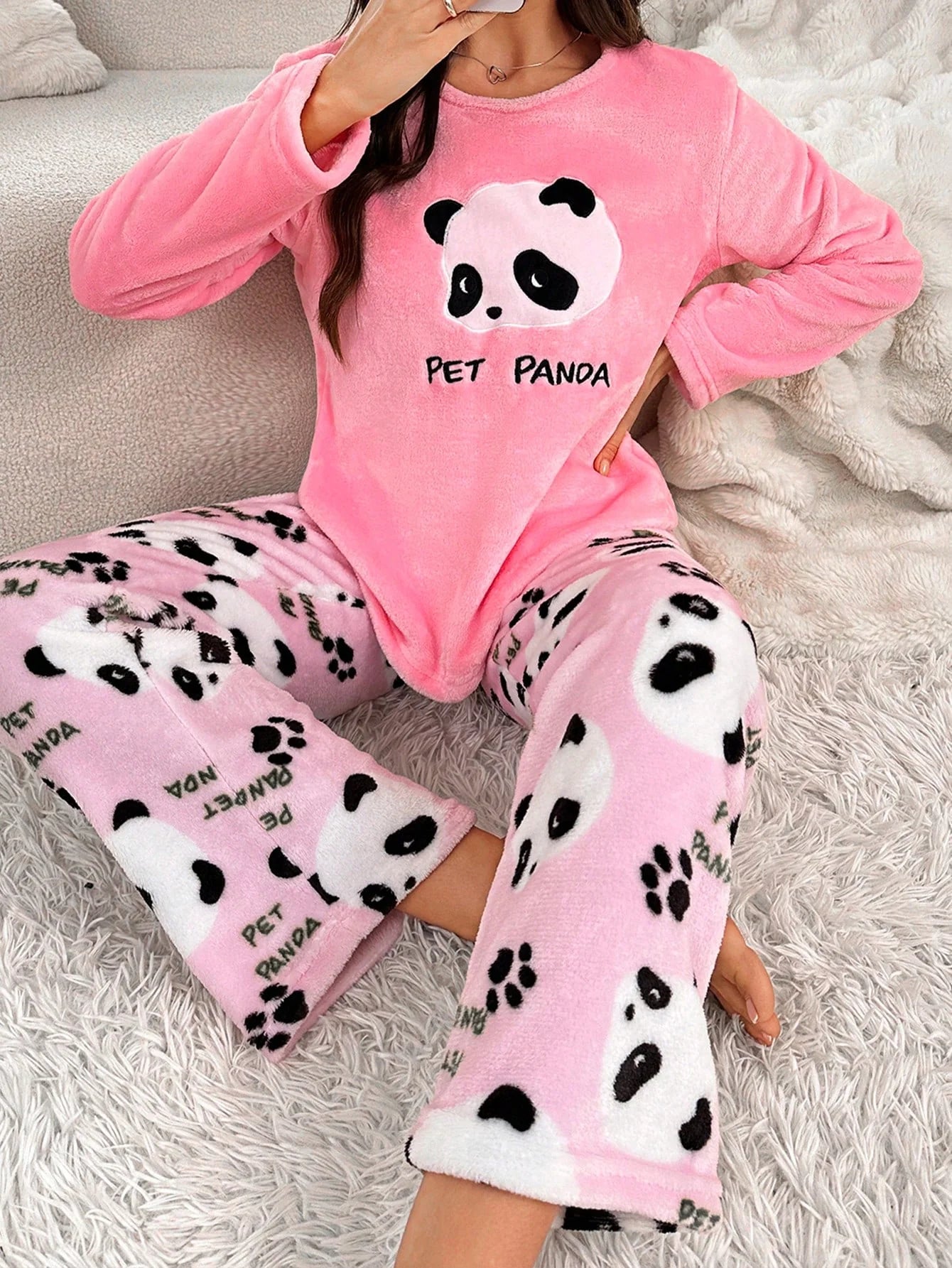 Conjunto de Pijama Feminino 2 peças, Top de Manga Longa e Calça com Estampa Fofa de Panda