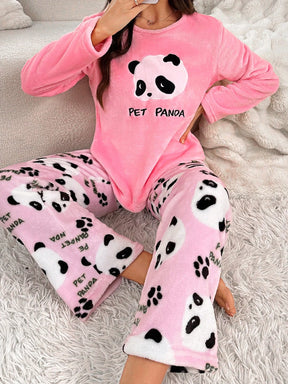 Conjunto de Pijama Feminino 2 peças, Top de Manga Longa e Calça com Estampa Fofa de Panda
