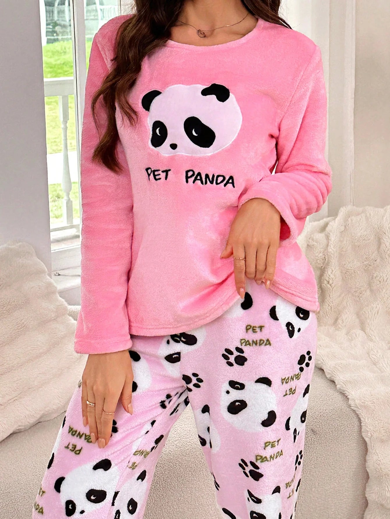 Conjunto de Pijama Feminino 2 peças, Top de Manga Longa e Calça com Estampa Fofa de Panda