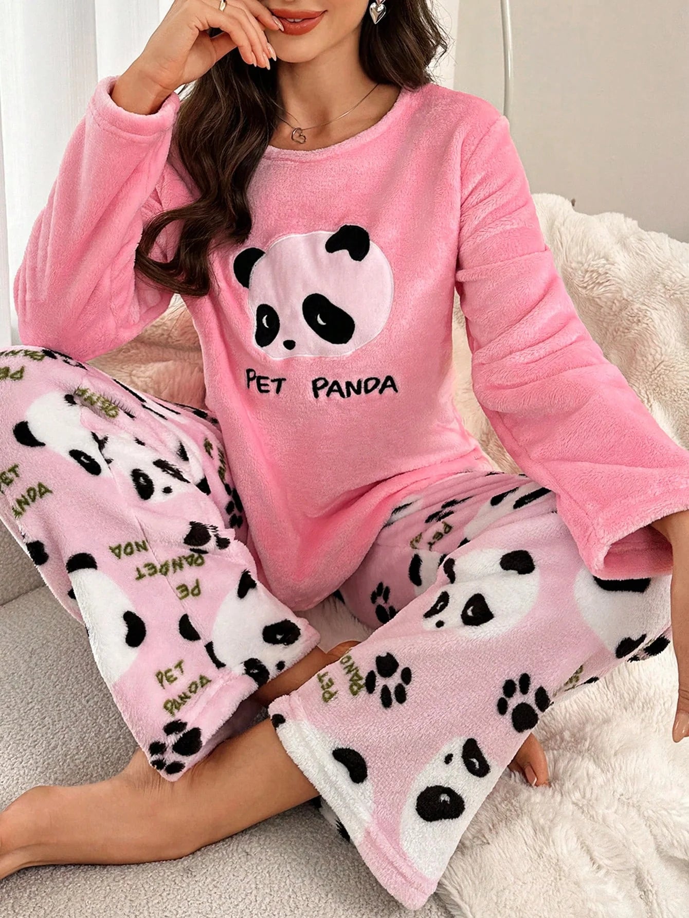 Conjunto de Pijama Feminino 2 peças, Top de Manga Longa e Calça com Estampa Fofa de Panda