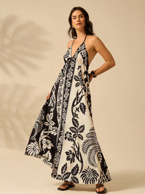 CAJUNI Vestido de Verão Casual para Praia, Estampa Tropical Boho de Flores e Árvore de Coco, Alças Finas com Cadarço, Mulheres