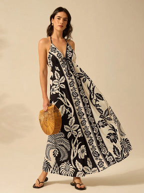 CAJUNI Vestido de Verão Casual para Praia, Estampa Tropical Boho de Flores e Árvore de Coco, Alças Finas com Cadarço, Mulheres