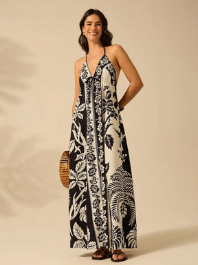 CAJUNI Vestido de Verão Casual para Praia, Estampa Tropical Boho de Flores e Árvore de Coco, Alças Finas com Cadarço, Mulheres