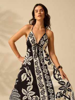 CAJUNI Vestido de Verão Casual para Praia, Estampa Tropical Boho de Flores e Árvore de Coco, Alças Finas com Cadarço, Mulheres