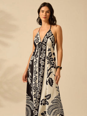 CAJUNI Vestido de Verão Casual para Praia, Estampa Tropical Boho de Flores e Árvore de Coco, Alças Finas com Cadarço, Mulheres