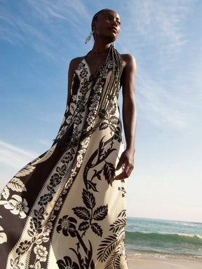 CAJUNI Vestido de Verão Casual para Praia, Estampa Tropical Boho de Flores e Árvore de Coco, Alças Finas com Cadarço, Mulheres