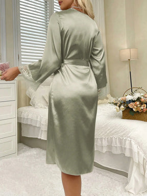 Robe elegante com decote em V profundo, manga longa, amarração na cintura e bainha dividida para mulheres